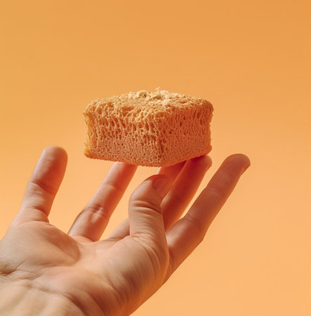 Generative AI : A slice of vegan whole grain bread on orange backgroundの素材