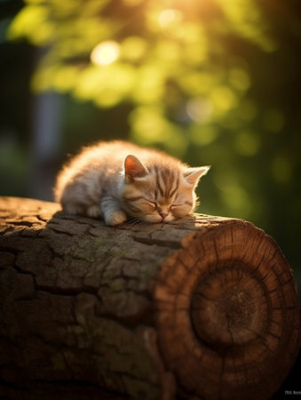 Generative AI : Cute little kitten sleeps on wooden backgroundの素材