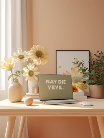 Generative AI : HAPPY DAYS coffee on office desk with white aster flower in vaseの素材