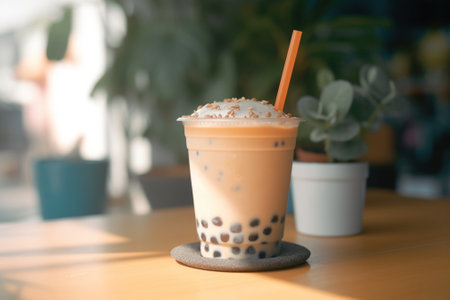 Generative AI : Homemade Milk Tea with Tapioca Pearls on wooden tableの素材