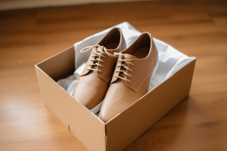 Generative AI : Pair of white sport shoes pair of white sneakers in paper shoes box on wooden table backgroundの素材