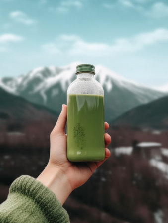 Generative AI : Hand holding a bottle of homemade kombucha drink in green nature backgroundの素材