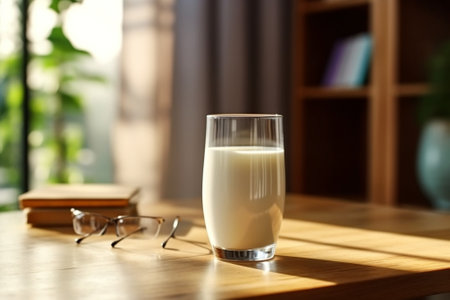 Generative AI : Glass of milk on wooden tableの素材