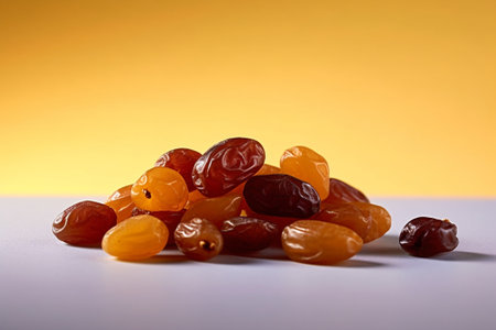 Generative AI : Golden raisins sultanas in a glass bowl on white table backgroundの素材