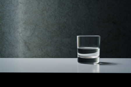 Generative AI : a glass of water with ice on marble floor and brick backgroundの素材