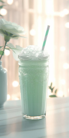 Generative AI : A refreshing glass of ice water on bright green morning light backgroundの素材