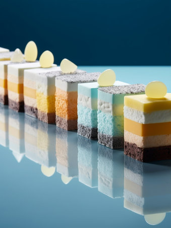 Generative AI : Line Of Square Earl Grey Rare Cheesecake in Plate On Yellow Polka dot Table Backgroundの素材