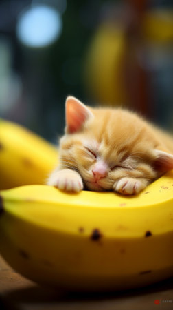 Generative AI : Cute little kitten sleeps on wooden floorの素材