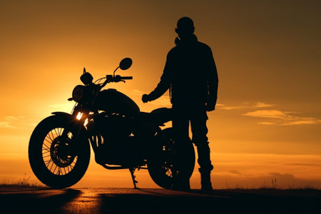 Generative AI : Silhouette of biker at the sunset timeの素材