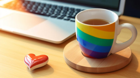 Generative AI : colorful donut with big love coffee mug on wooden tableの素材