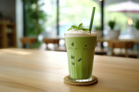 Generative AI : a glass of iced green tea latte on white wooden tableの素材