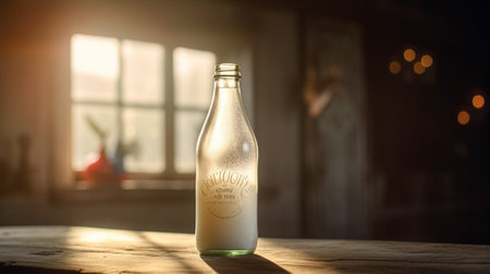 Generative AI : bottle of milk on wooden table in the morning lightの素材