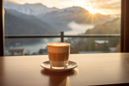 Generative AI : a cup of hot latte coffee on barbled backgroundの素材