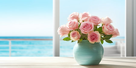 Generative AI : bouquet of beautiful roses in a enamel vase on rustic wooden backgroundの素材