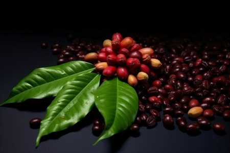 Generative AI : background of red cherries coffee beans and parchment coffee berry coffee beansの素材
