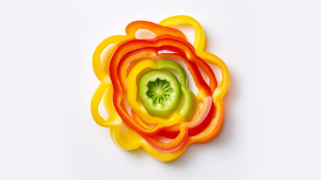 Generative AI : chopped green yellow red bell pepper colorful food backgroundの素材