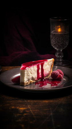 Generative AI : a piece of cheesecake in plate with homemade mulberry jam cheese cakeの素材