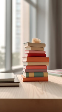 Generative AI : blurred stack of books on nature backgroundの素材