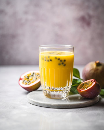 Generative AI : glass of passion fruit juice on marble tableの素材