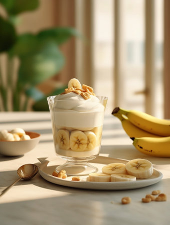 Generative AI : brunch homemade yogurt with granola and banana in bowl on white table backgroundの素材