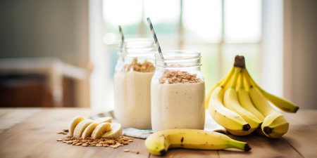 Generative AI : brunch home made yogurt with granola and banana in wooden bowlの素材