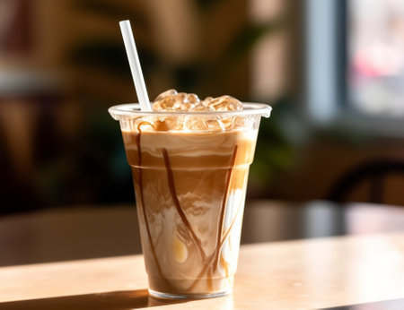 Generative AI : cold coffee with stainless steel straw on wooden table backgroundの素材