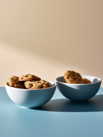 Generative AI : double chocolate chip cookies in bowlの素材