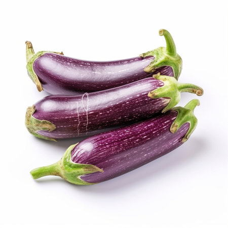 Generative AI : fresh purple eggplants on white tableの素材