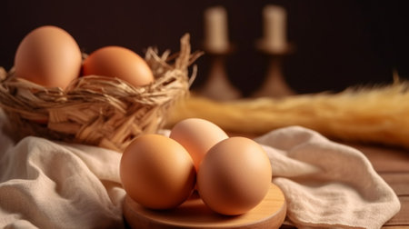Generative AI : fresh eggs from farm on wooden tableの素材
