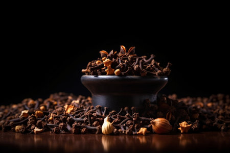 Generative AI : dried cloves spice in wooden bowl on rusty table backgroundの素材