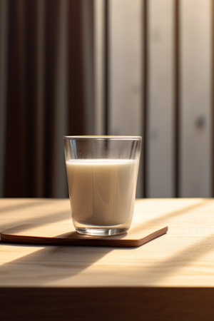 Generative AI : glass of milk on wooden table in the morning lightの素材