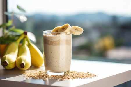 Generative AI : homemade yoghurt with muesli and banana on white wooden tableの素材