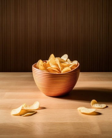 Generative AI : banana chips in wooden bowl on white wooden table healthy snacksの素材