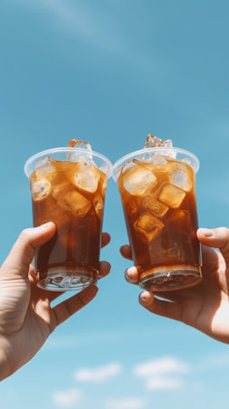 Generative AI : cold brew iced coffee in tall glassesの素材