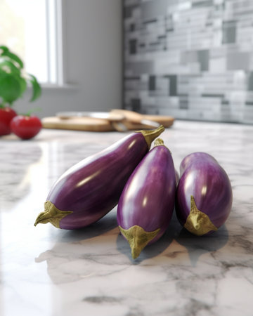 Generative AI : fresh purple eggplant on white tableの素材