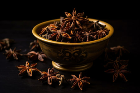 Generative AI : dried cloves spice in wooden bowl on rusty table backgroundの素材