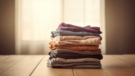 Generative AI : jeans stacked on wooden backgroundの素材
