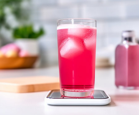 Generative AI : glass of rose Kombucha with iced on white table fermented tea drink healthy beverageの素材