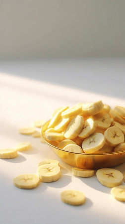 Generative AI : healthy snacks banana chips in wooden bowl on white wooden tableの素材