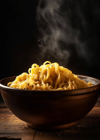 Generative AI : raw elbow macaroni in wooden bowl on dark cement table backgroundの素材