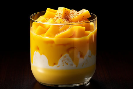 Generative AI : mango with sticky rice serve in glass on wooden tableの素材