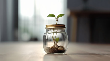 Generative AI : home grow mung bean or green bean sprout in a glass jarの素材