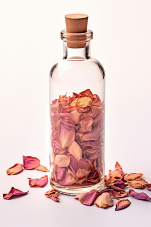 Generative AI : homebrew rose Kombucha in swing top glass bottle with dried rose buds on white table background fermented tea drink healthy beverageの素材