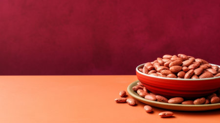 Generative AI : organic red berry coffee beans in ceramic plate on wooden tableの素材