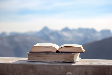 Generative AI : open book on wooden table with nature backgroundの素材