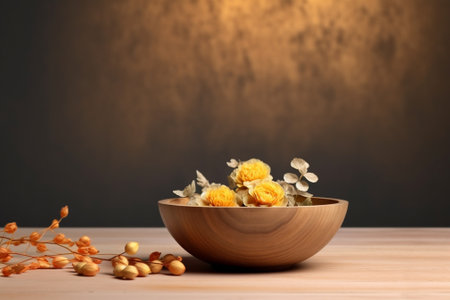 Generative AI : wooden plate on table with yellow flowersの素材