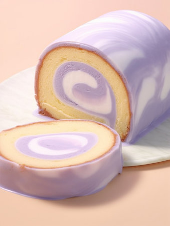 Generative AI : vanilla fresh cream roll cake with plastic spoonの素材