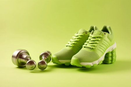 Generative AI : pair of green dumbbells Isolated on white backgroundの素材