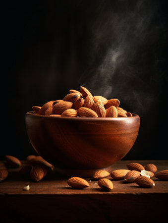 Generative AI : raw branched slivered almonds for snacking and baking in a cup on wooden tableの素材