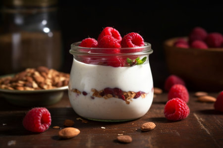 Generative AI : super food homemade yogurt with muesli dried raspberry raisin fresh organic mulberry in a bow on wooden table brunchの素材